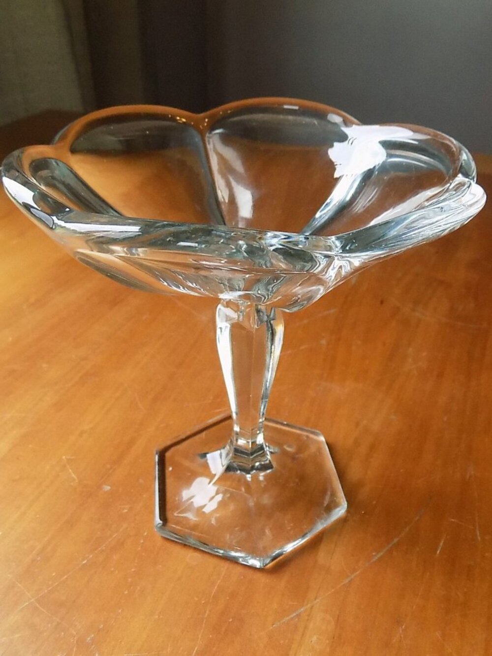 Vintage clear glass flower candy or relish dish with pedestal, Krys-tol